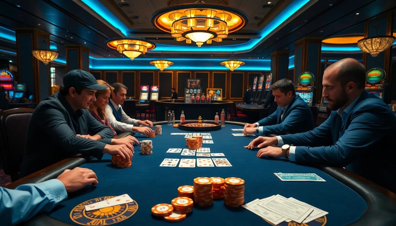 Daga poker players strategizing with high stakes and vibrant casino ambiance.