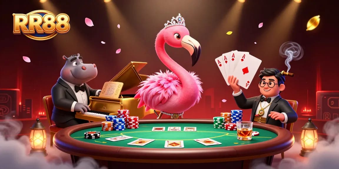 Experience the excitement at RR88 with a vibrant illustrated casino scene showing a singing flamingo and a hippo bassist.
