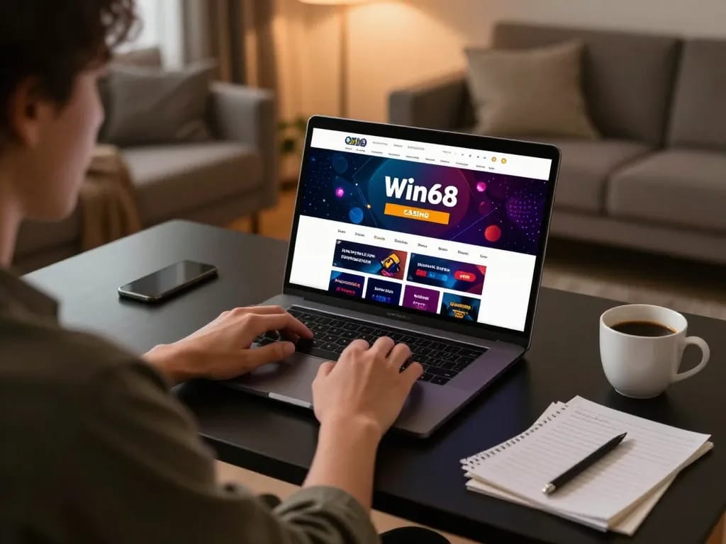 Engaging with win68 online casino platform at home, showcasing modern gaming environment and strategy.