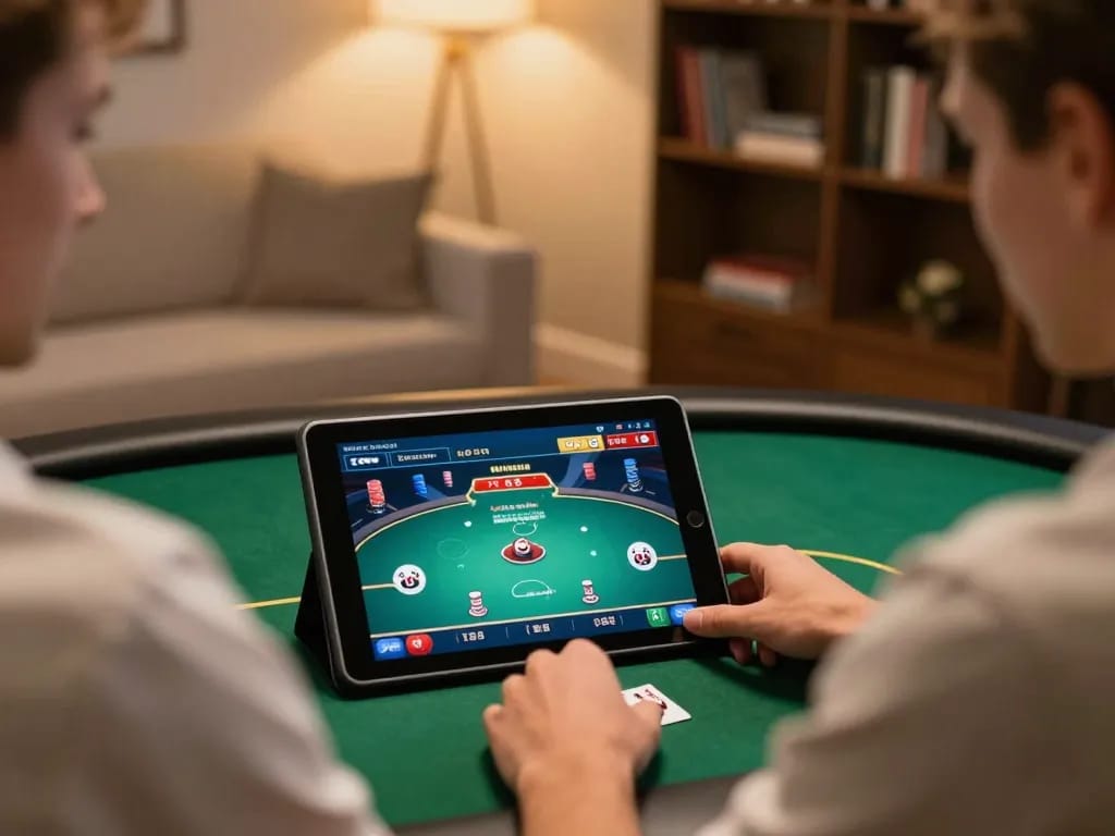 Player enjoying TR88 online casino poker in a stylish home setup