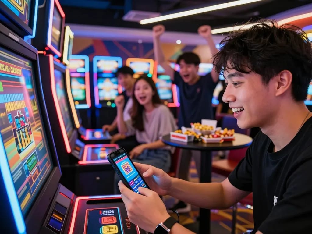 Player enjoying the NK88 gaming app in a lively arcade environment.