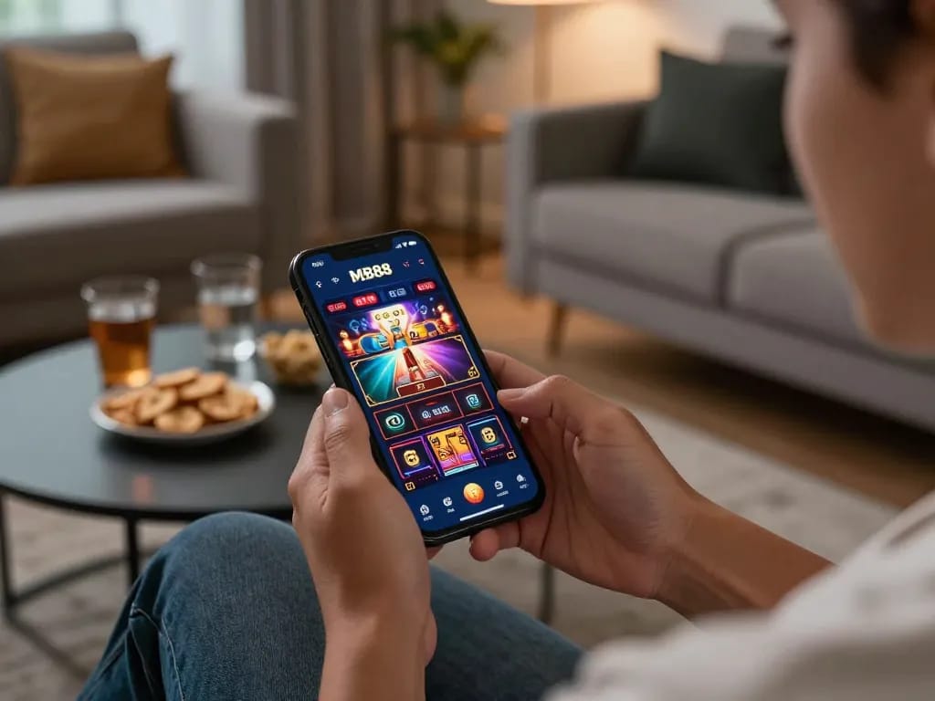 Engaging scene of a player using the MB88 app on a smartphone, showcasing convenient online gaming.