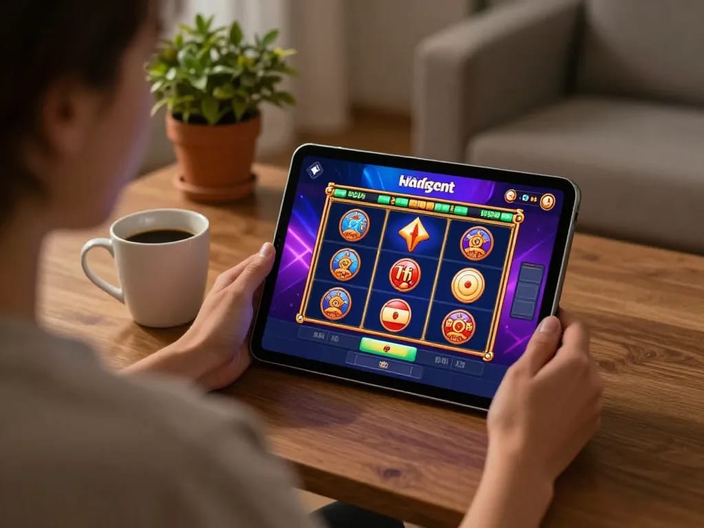 Bong88 user enjoying a thrilling online casino game on a tablet in a cozy home environment.
