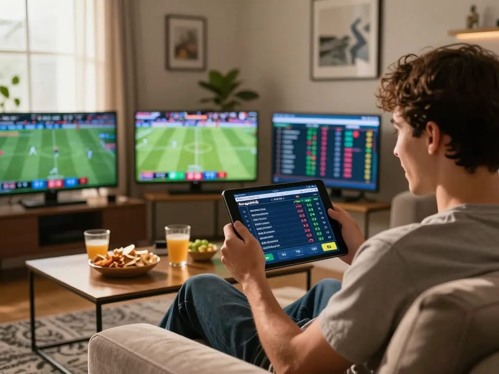 Engaged user checking live sports scores on bongdalu88 tablet, cozy home setting