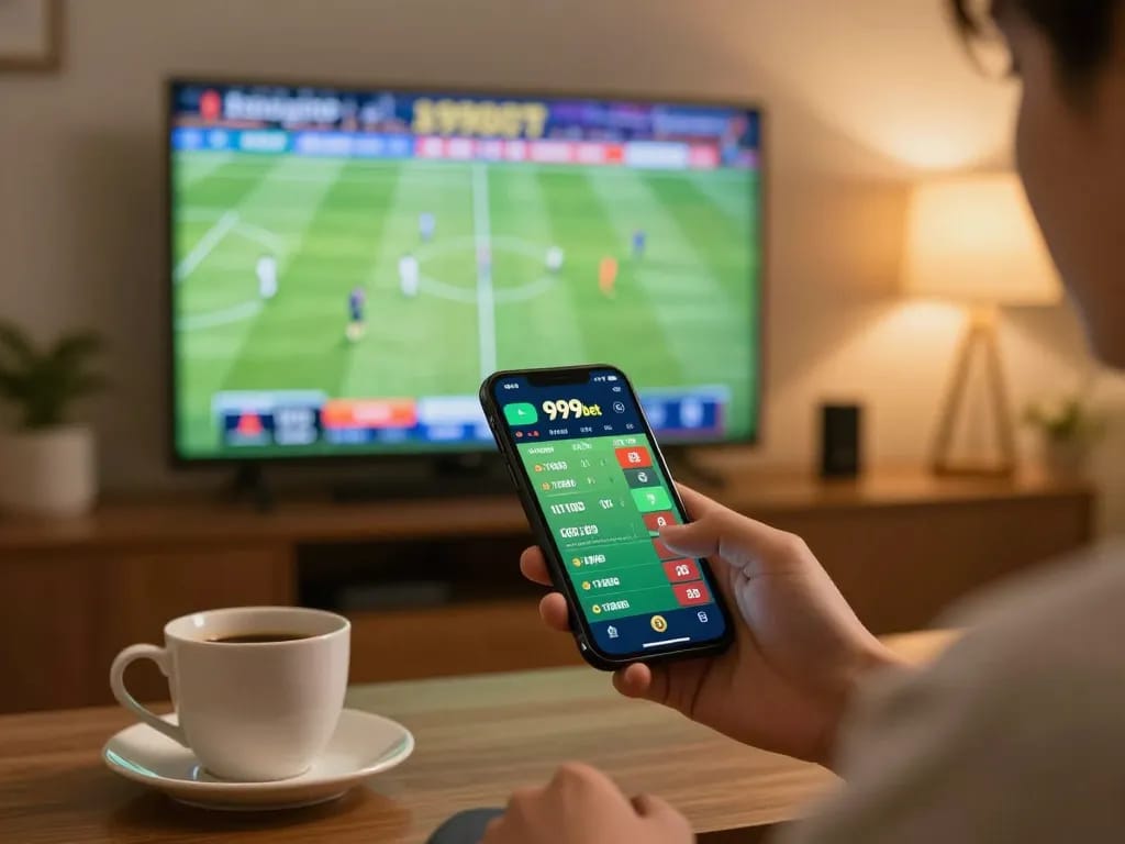 Person engaging in online sports betting on 999bet app while watching live game.