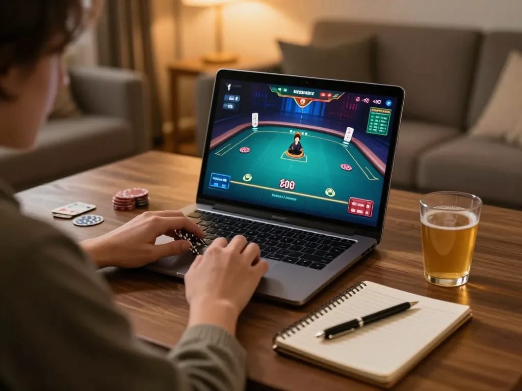 Sbo top player enjoying online poker strategy in a cozy home setting, focusing on gaming and bankroll management.