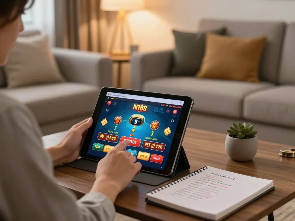 Playing casino games via N188 platform on a tablet in a cozy living room setting