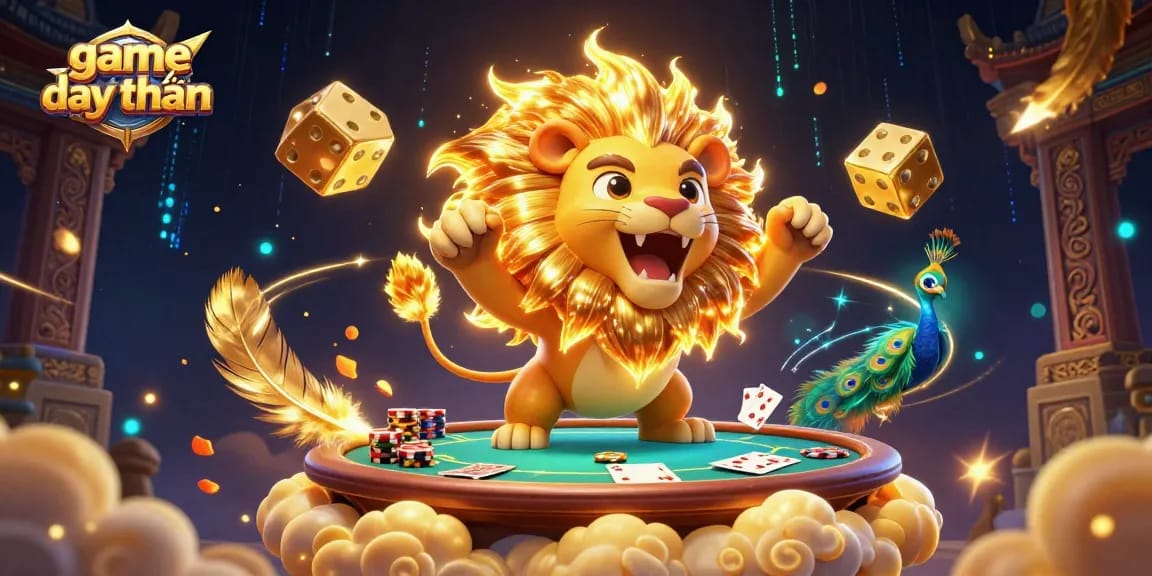 Play thrilling game đổi thưởng with a sun lion, golden dice, and poker elements, showcasing a vibrant casino atmosphere.