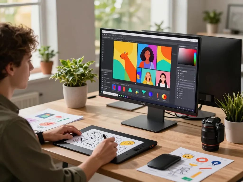 Designer using Nano Banana 2 AI image editor in a vibrant digital workspace.