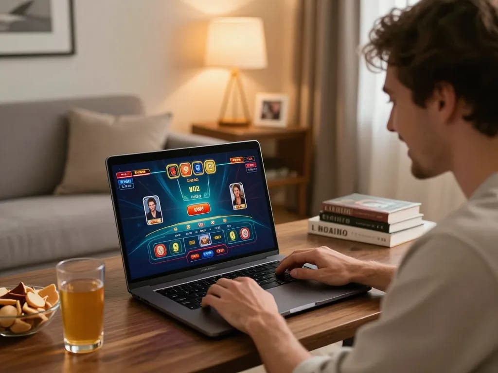 SIN88 player engaging in live dealer gaming experience at home with vibrant screen and snacks