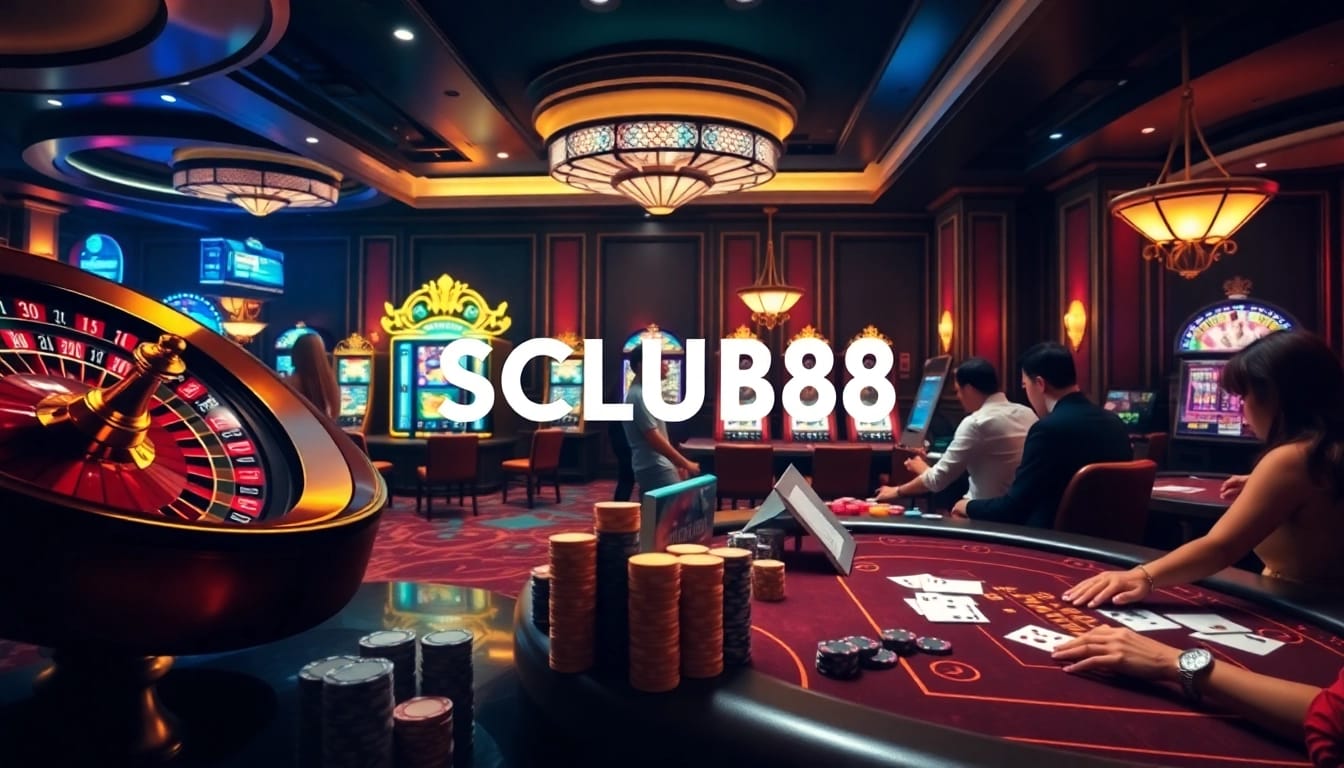 SCLUB88 casino scene showcasing vibrant slot machines, poker tables, and roulette wheel excitement.