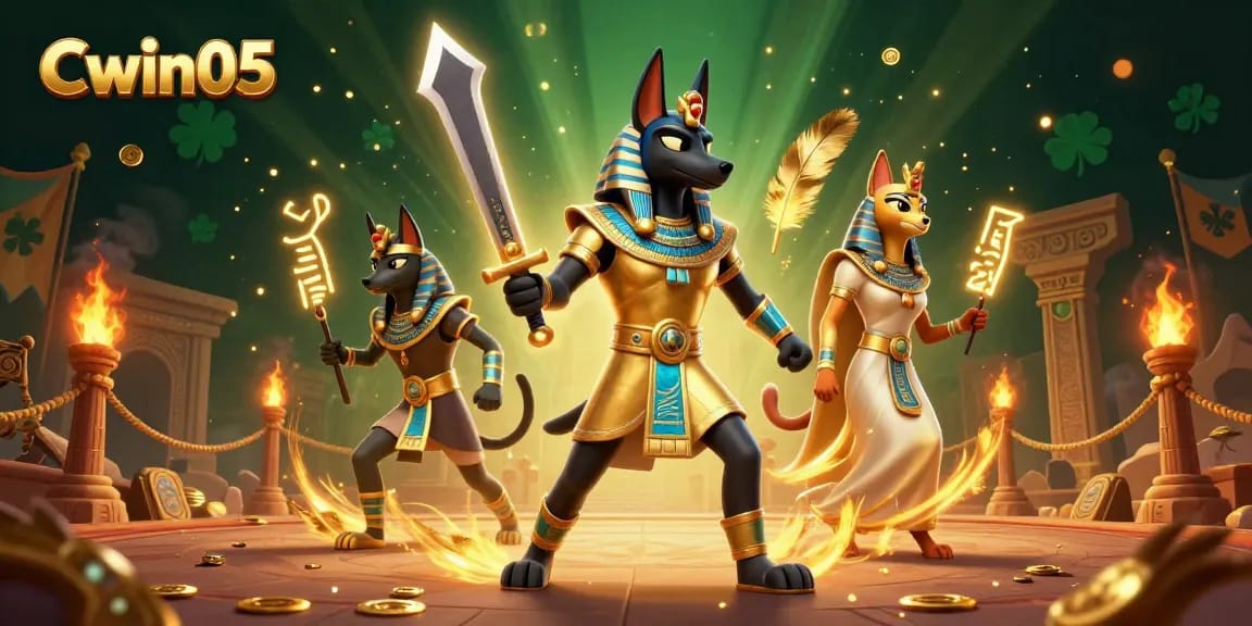 Cwin05 showcases animated scene with Anubis and Bastet in a dynamic casino setting.