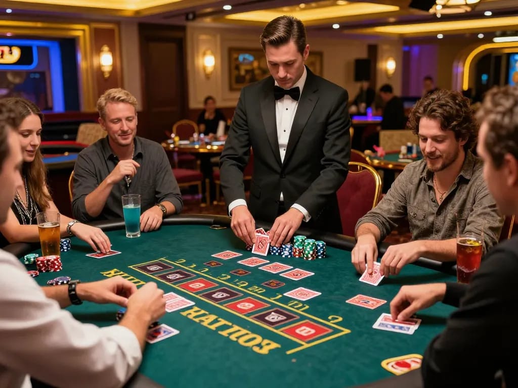 Cách chơi live casino Luck8 luôn thắng with players enjoying a thrilling game atmosphere in a luxury casino setting.