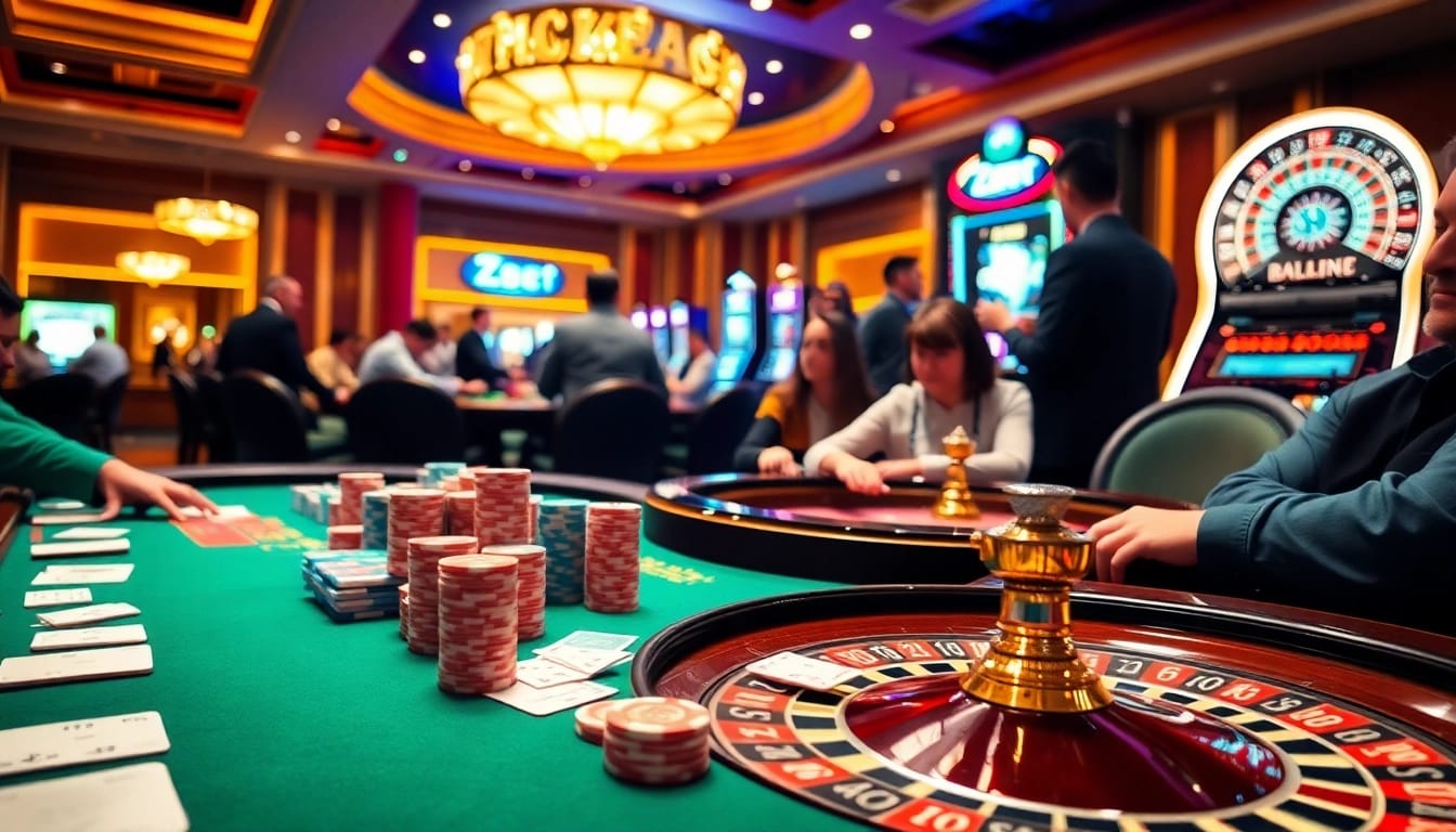 ZBET casino atmosphere featuring vibrant casino tables and engaged gamblers.