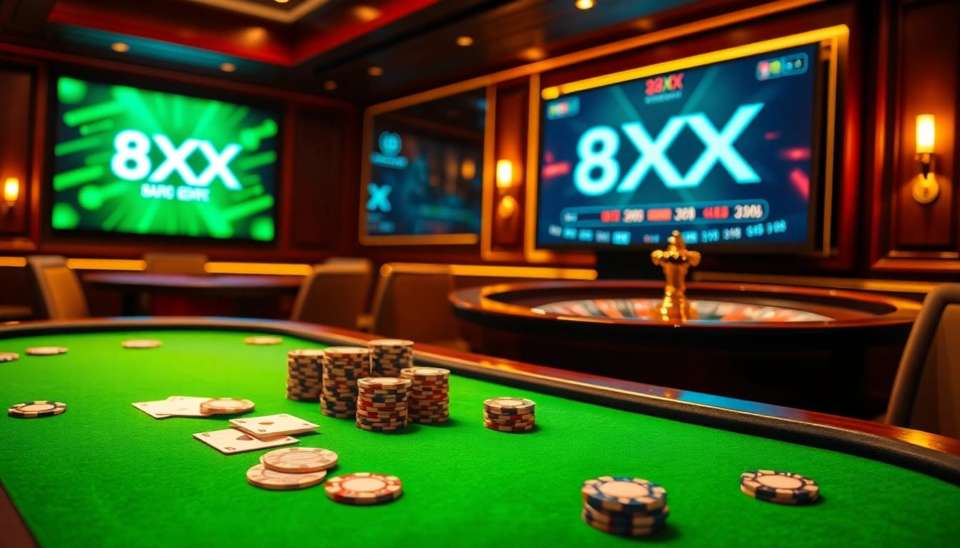 A thrilling high-stakes poker game at a casino, featuring the 8XX logo, vibrant chips, and cards.