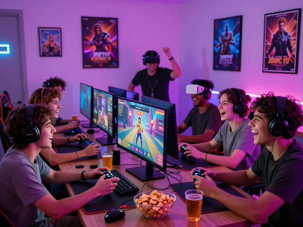 Friends enjoying a lively gaming night playing a sex game with engaging visuals and snacks.