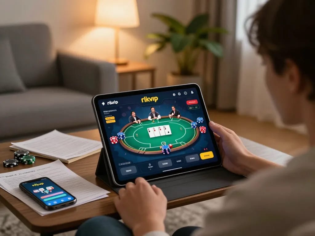 Engaging in a poker game on rikvip mobile app in a cozy home setup, showcasing casual gaming.