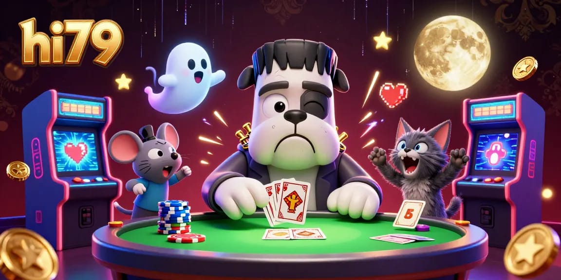 Engage in thrilling gameplay with hi79 featuring a 3D Frankenstein bulldog dealer, spooky casino elements, and vibrant arcade excitement.