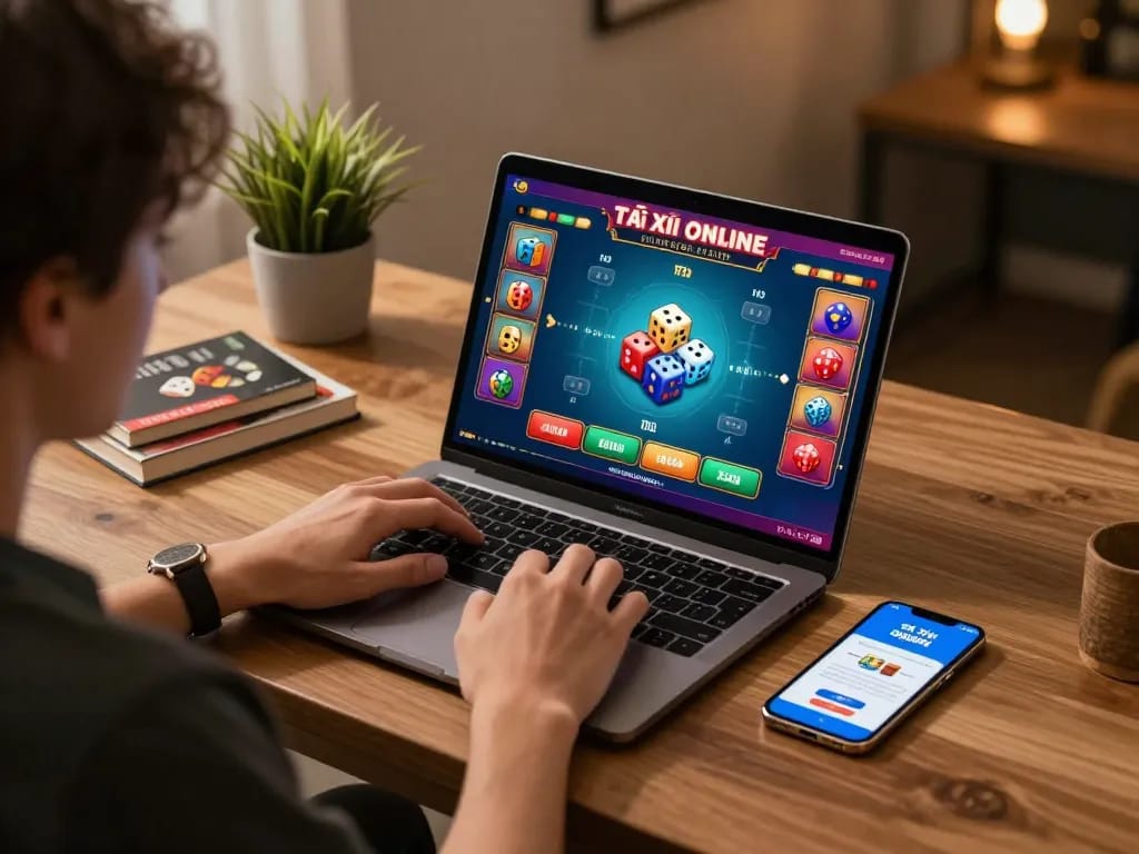 Engaging atmosphere while playing the app tài xỉu online uy tín on a stylish laptop at home.