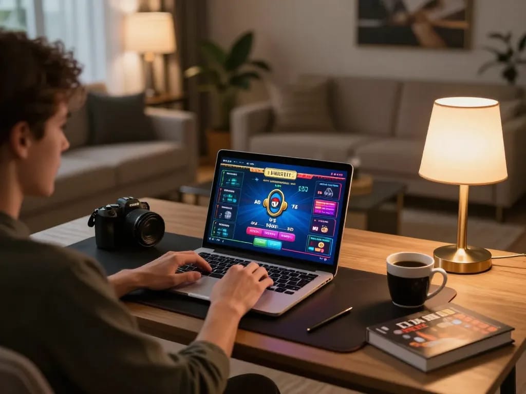 Person engaging in online gaming at TR88 with poker interface, cozy home atmosphere.
