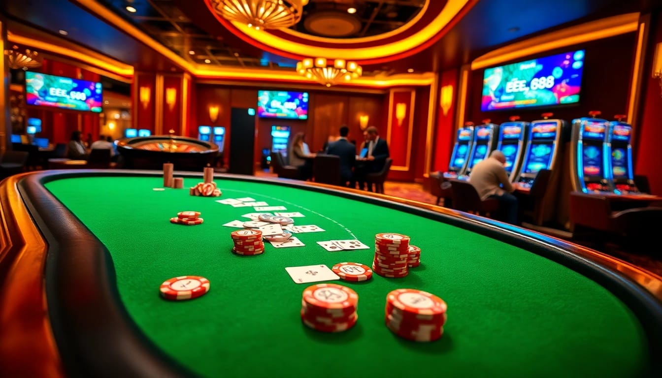 Exciting poker game at Ee88 casino with vibrant chips and cards in a luxurious setting.
