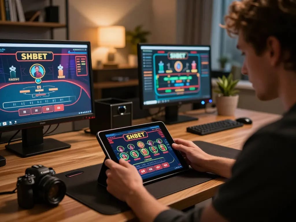 Engaging online casino gaming session on SHBET platform with dynamic tablet interface, warm office atmosphere