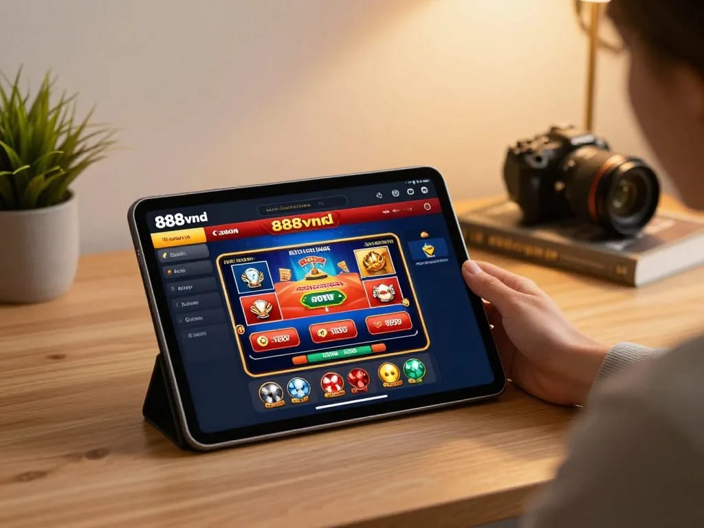 Engaging with the 888vnd casino app on a tablet, showcasing online gambling excitement.
