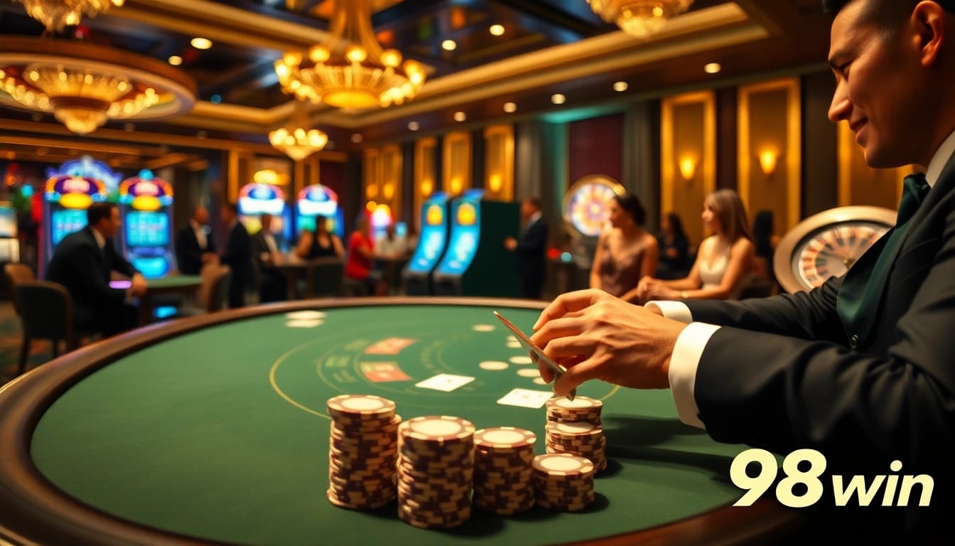 Experience the excitement of 98win with players engaging at a luxury casino poker table.