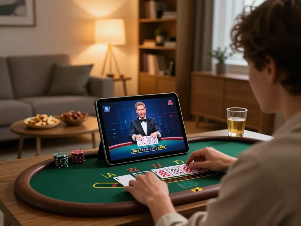 MM88 player enjoying live blackjack on tablet in cozy home setting, emphasizing strategic gameplay