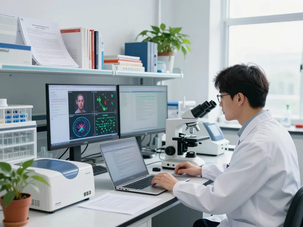 Scientist at https://nddo.org analyzing neurodegenerative disease data in modern laboratory.