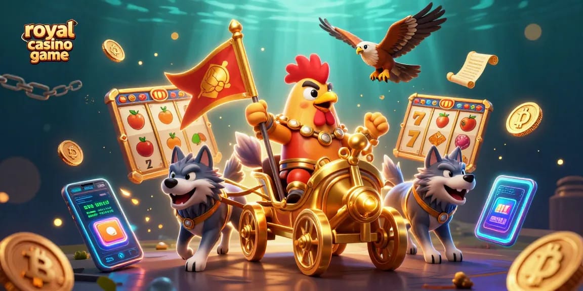Engage in action-packed gameplay with royal casino game featuring vibrant slot reels and dynamic characters.