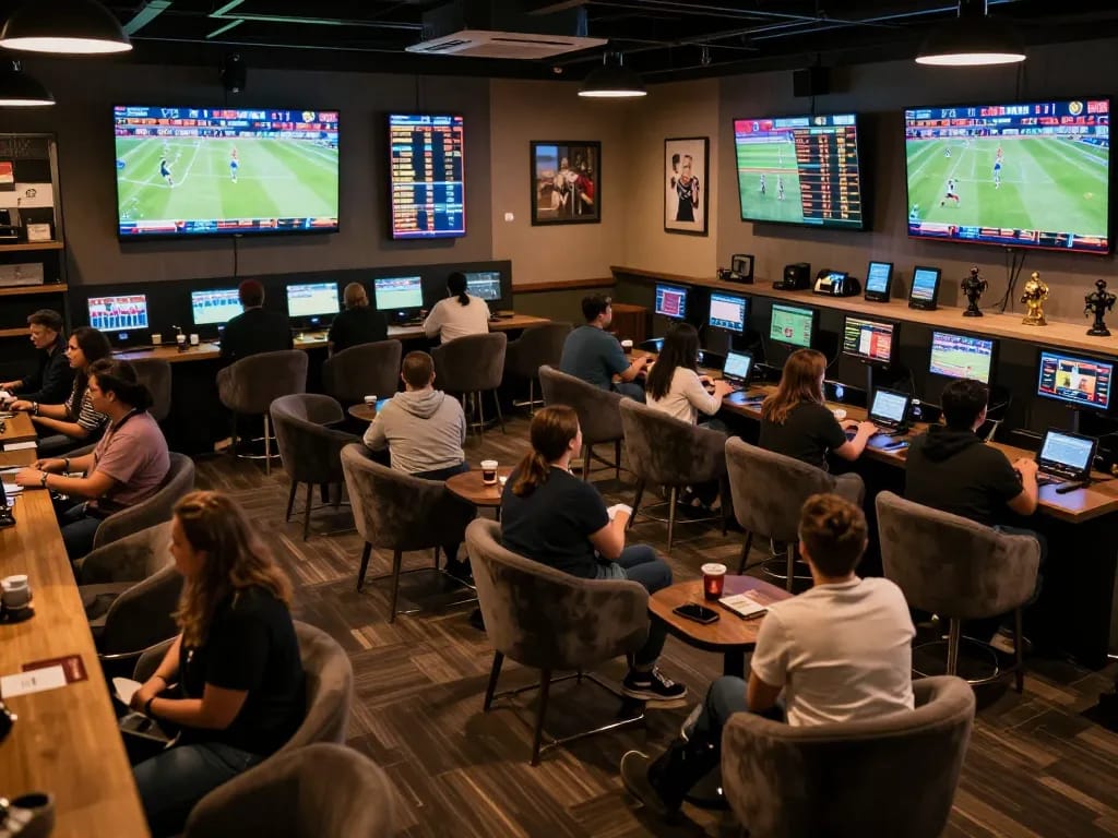 Engaged bettors analyzing odds on nhandinhkeonhacai in an upscale sports betting lounge.