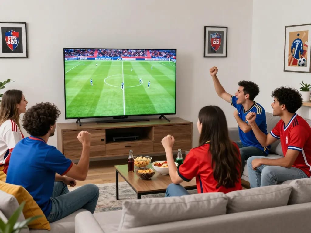 Friends enjoying live soccer match from https://cakhiatv.design/ in a lively living room setting.