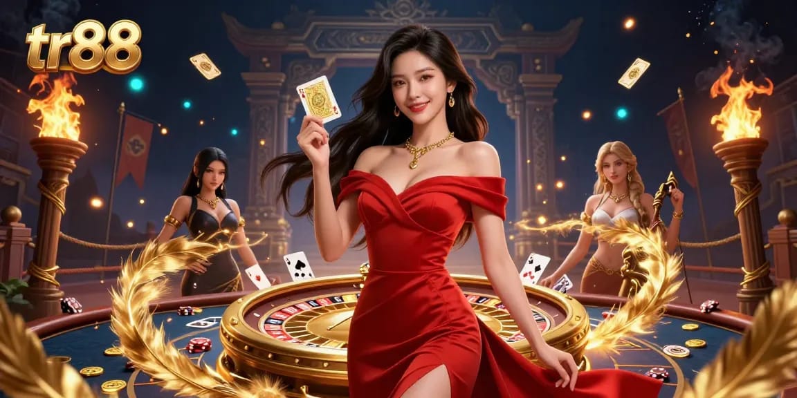 Win big at tr88 with a beautiful dealer presenting a golden card beside an elegant roulette wheel.