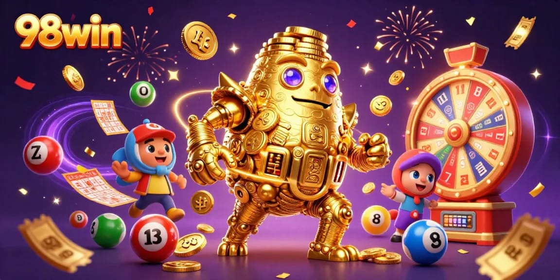 Engage with 98win's exciting 3D casino scene featuring golden golem and vibrant lottery elements.