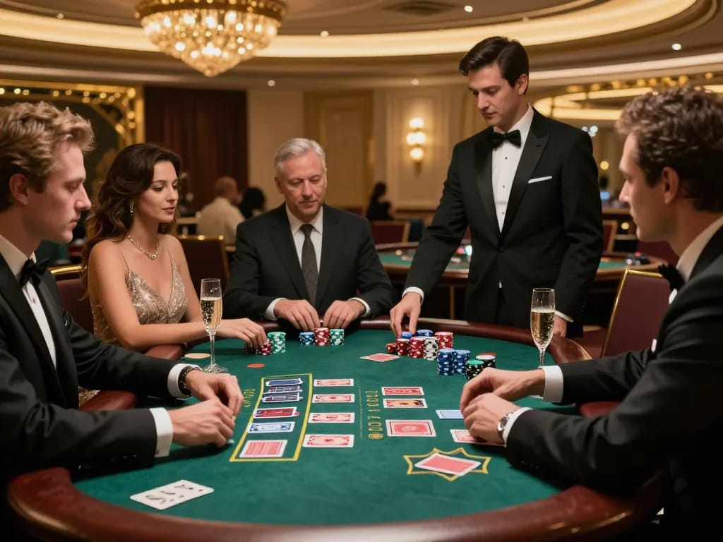 High-stakes blackjack table in upscale casino featuring sc8885 players engaged in a thrilling game