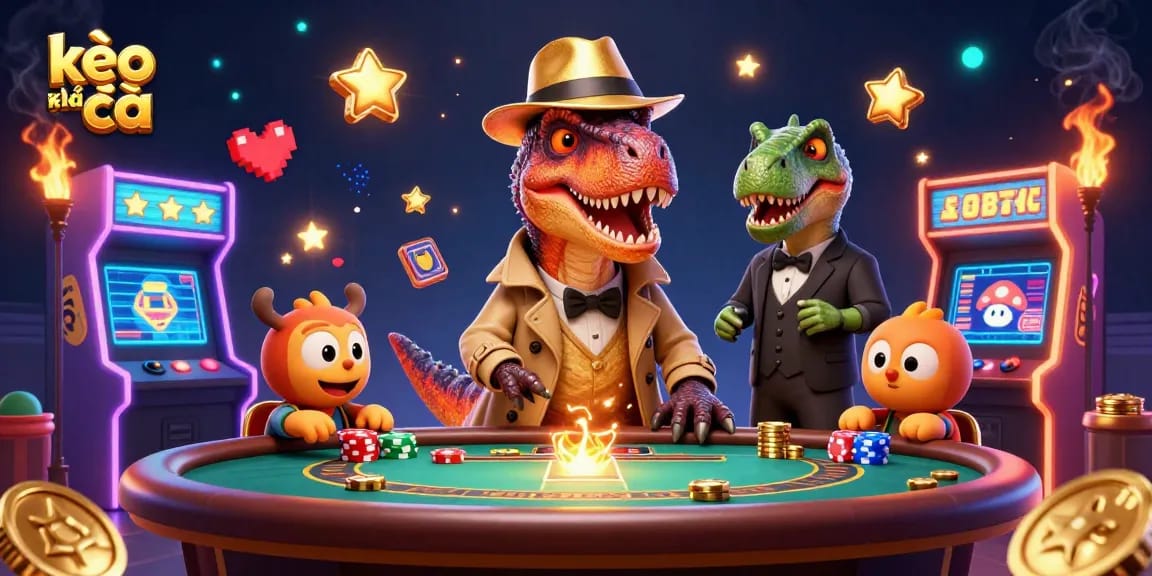 Experience exciting kèo nhà cái action with a velociraptor card counter amid vibrant casino elements.