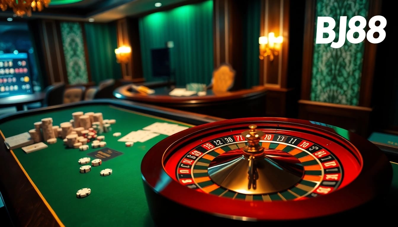 Experience the thrill of online gambling with BJ88's interactive casino table showcasing cards and chips.
