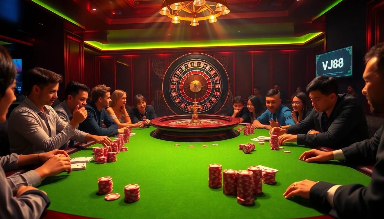VJ88 poker night with high stakes at an elegant casino table showcasing vibrant chips.
