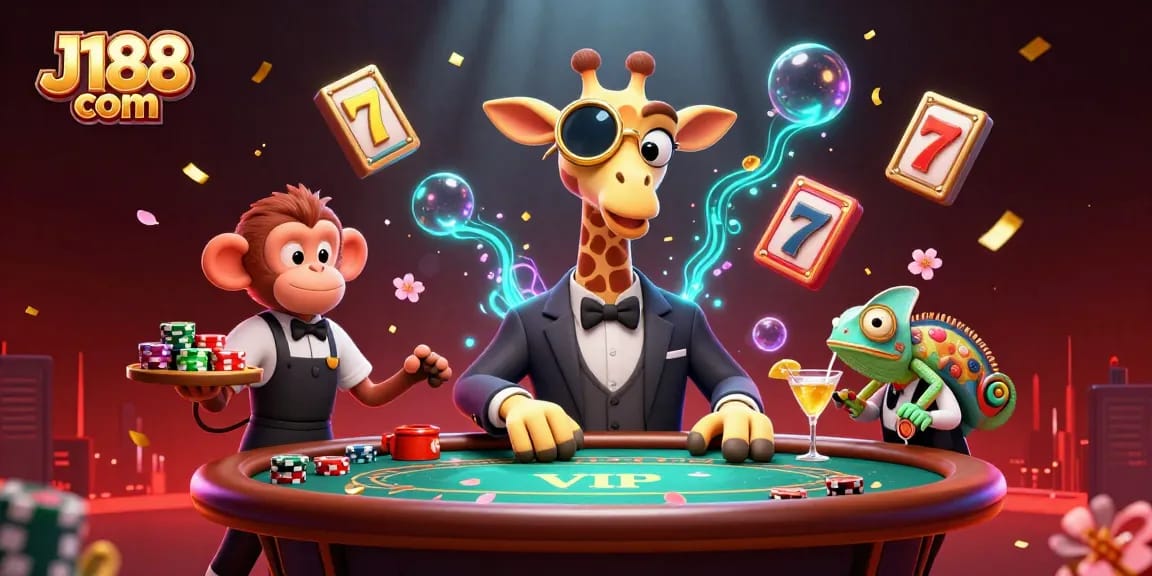 Experience thrilling gameplay at J188 com with a vibrant casino scene featuring unique characters and slot machines.