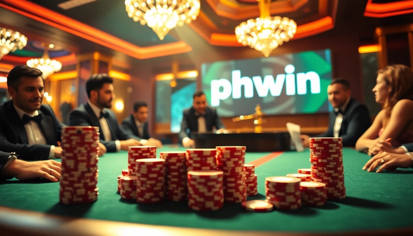 A thrilling gaming scene at PHWIN casino with players engaged in poker and roulette.