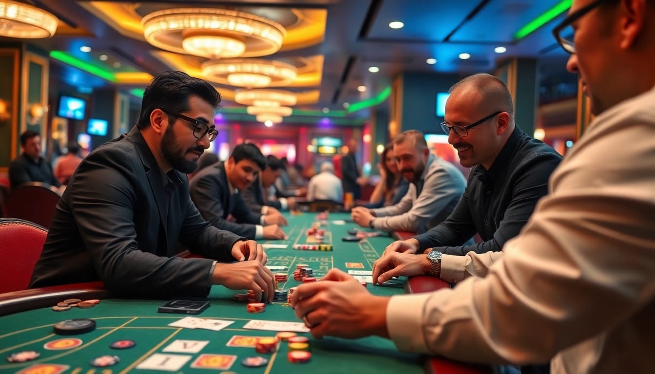 Engaging scene of gamblers using cách phân tích cầu xóc đĩa at a stylish casino table, showcasing vibrant chips and excitement.