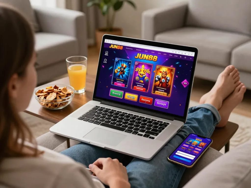 Engaging gameplay experience on JUN88 online casino app while relaxing at home.