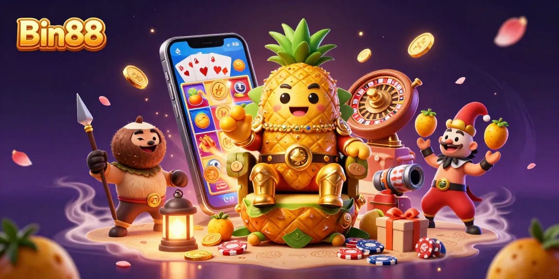 Experience Bin88's lively casino scene with vibrant characters and dynamic slot games.