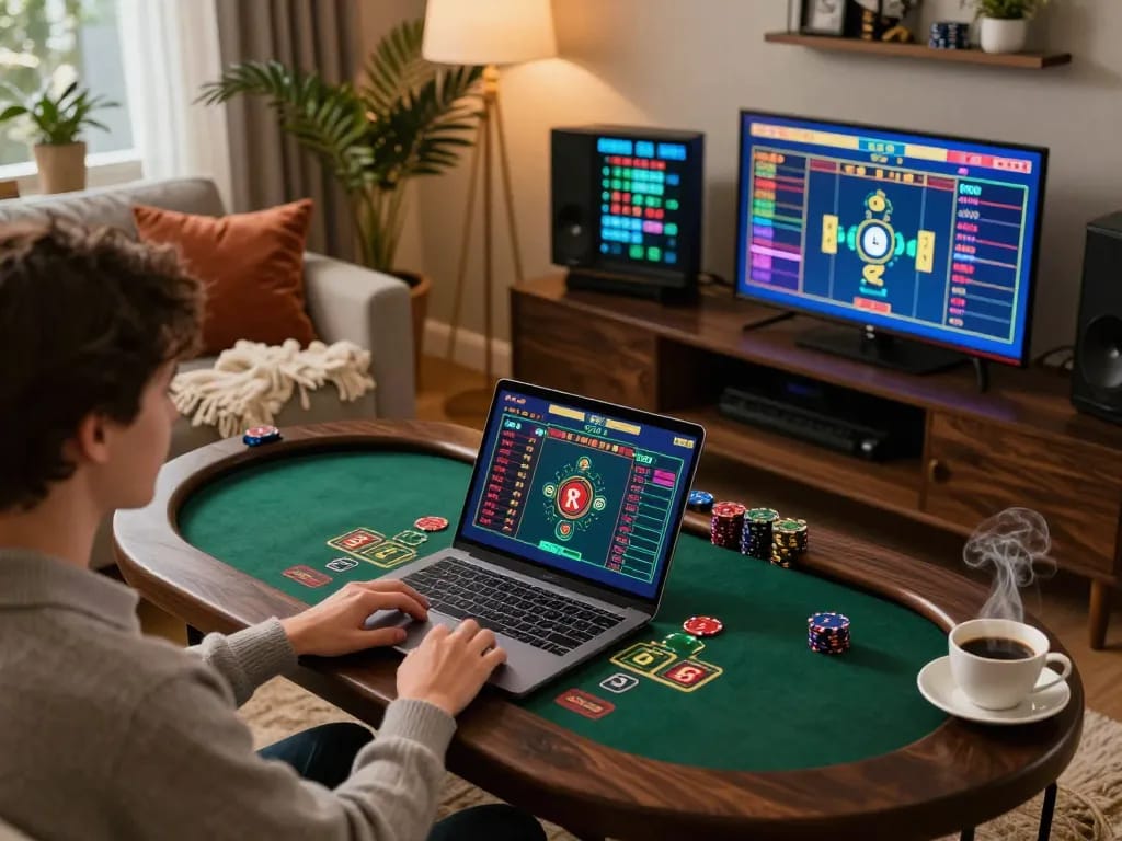 KONG88 player enjoying live dealer blackjack in a cozy home environment.