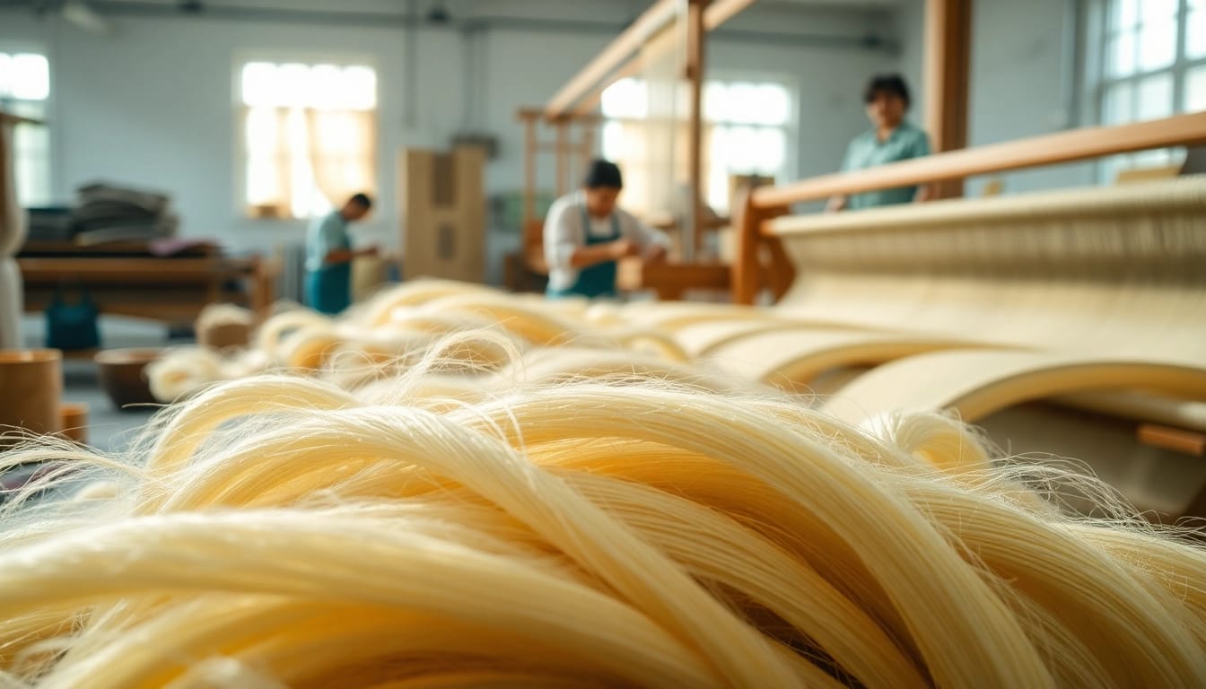 Viscose fibers displayed in a textile workshop with artisans weaving fabric.