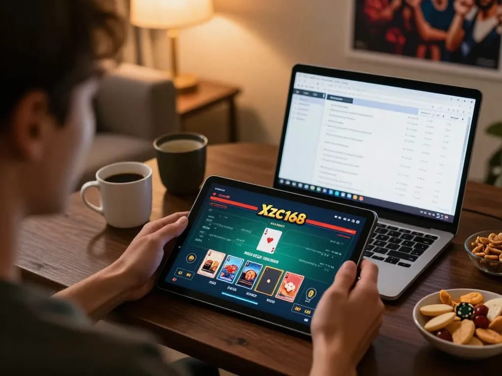 Engaged player strategizing with xfzc168 poker game on tablet in cozy home setting.
