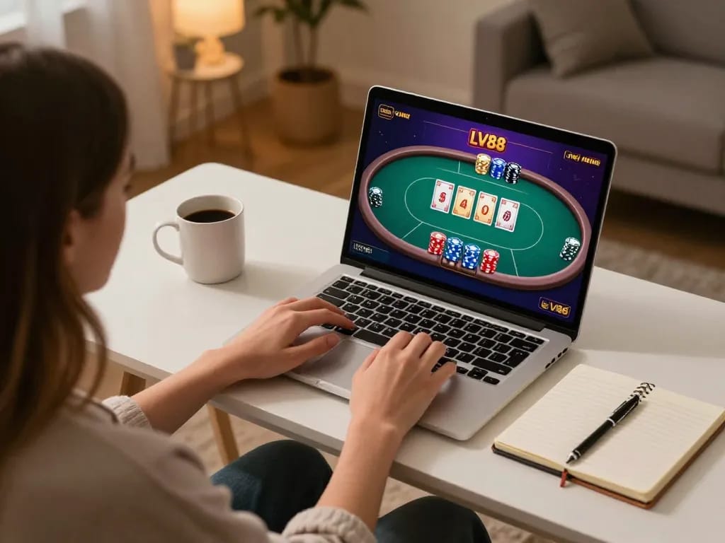 Engaging LV88 online gambling session with a player strategizing at home