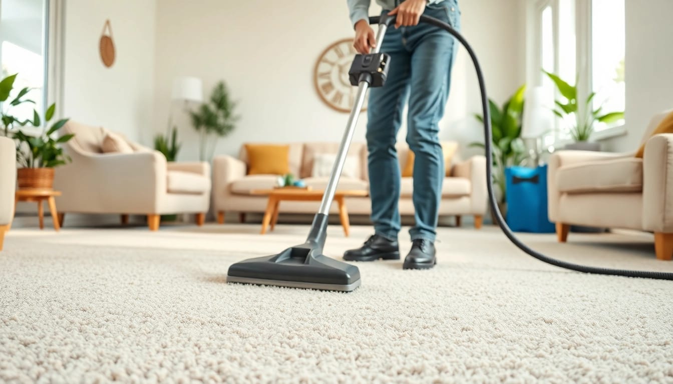 Professional carpet cleaning in Glasgow with a cleaner in a bright living room.
