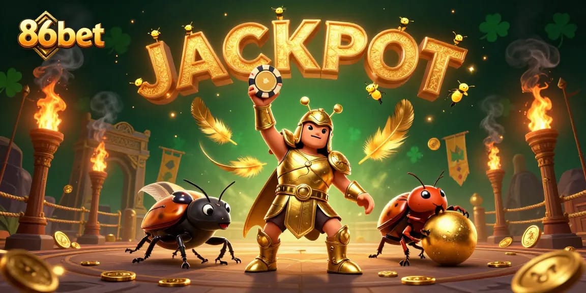 86bet's 3D cartoon hero beetle lifts a poker chip triumphantly, surrounded by a rich casino atmosphere.